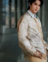  王鹤棣浅棕晕染衬衫复古优雅，清俊有型写真图片