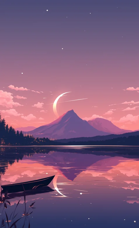 夕阳，湖中，湖水，一艘小船，渔舟，远处的山峰，弯月唯美插画手机壁纸 – 高清 桌面壁纸 开放版权素材 免费下载 手机