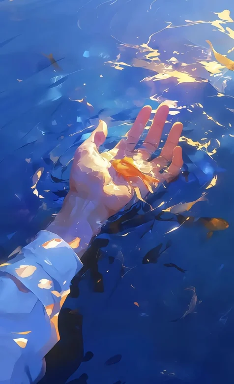 水波，湖水荡漾，放生金鱼的手，唯美AI插画手机壁纸图片 – 高清 桌面壁纸 开放版权素材 免费下载 手机电脑通用背景