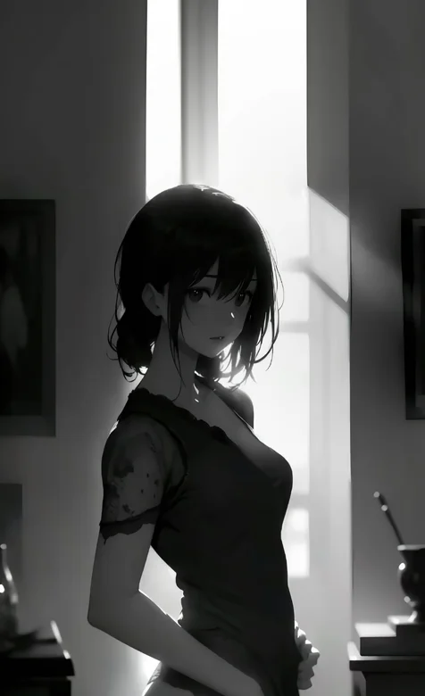 身着黑色蕾丝睡衣的性感动漫美女黑白风格手机壁纸图片 – 高清 桌面壁纸 开放版权素材 免费下载 手机电脑通用背景图