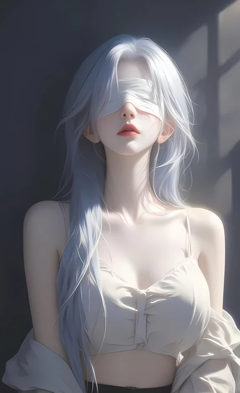 透过窗户的阳光照射在蒙着眼睛的性感吊带衫长发AI美女高清手机壁纸 – 高清 桌面壁纸 开放版权素材 免费下载 手机电