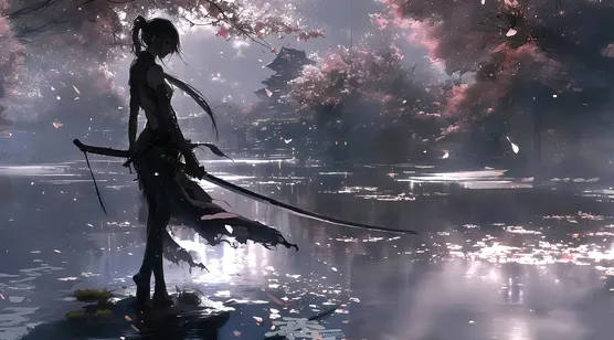 身姿矫健，女性武士，立于水中，身着黑色劲装，手挎长刀的AI美女插画壁纸 – 高清 桌面壁纸 开放版权素材 免费下载