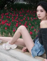 高颜值苗条美女黑色斜肩波点上衣、牛仔短裤穿着郁金香花丛旁超高清图片