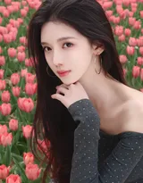 高颜值苗条美女黑色斜肩波点上衣、牛仔短裤穿着郁金香花丛旁超高清图片