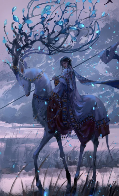 WLOP 绘 冰原灵鹿与少女 奇幻古风壁纸 – 高清 桌面壁纸 开放版权素材 免费下载 手机电脑通用背景图