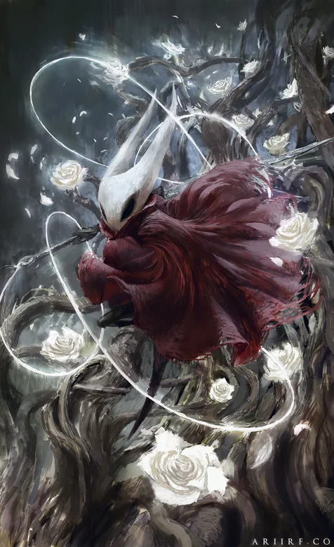 《空洞骑士：丝之歌》白色面具红斗篷角色“黄蜂女” 树根缠绕白色玫瑰发光光环手机壁纸 – 高清 桌面壁纸 开放版权素材-iPhone17-1