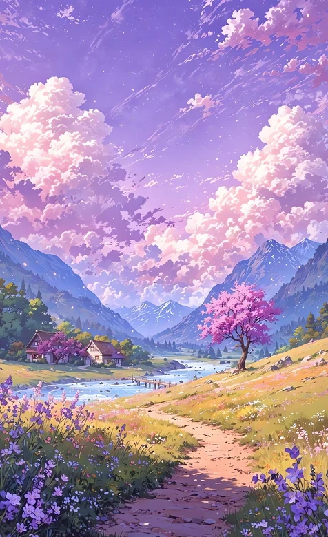 动漫风景手机壁纸 樱花树与紫色天空下的山水田园 – 高清 桌面壁纸 开放版权素材 免费下载 手机电脑通用背景图