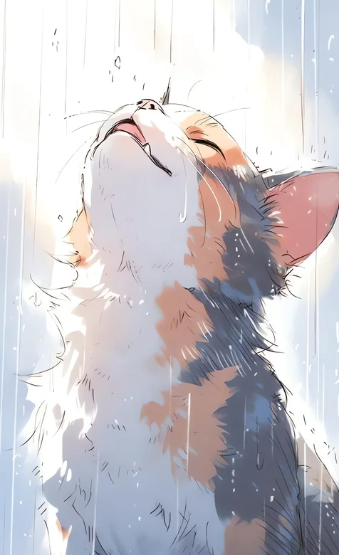 三花猫抬头淋雨 治愈系插画雨中猫咪手机壁纸 – 高清 桌面壁纸 开放版权素材 免费下载 手机电脑通用背景图-iPhone17-1