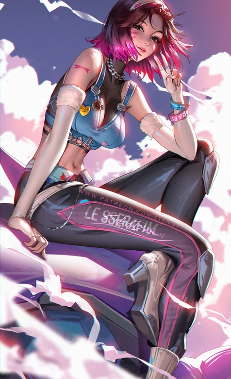 粉色短发动漫少女 蓝色吊带装 天空云朵背景 二次元插画 – 高清 桌面壁纸 开放版权素材 免费下载 手机电脑通用背景-iPhone17-1