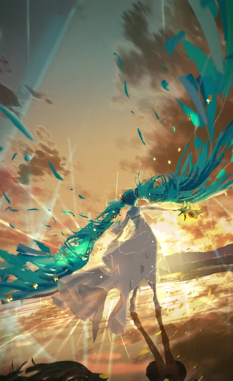 初音未来 蓝色长发 日落霞光 动漫场景壁纸 – 高清 桌面壁纸 开放版权素材 免费下载 手机电脑通用背景图-iPhone17-1