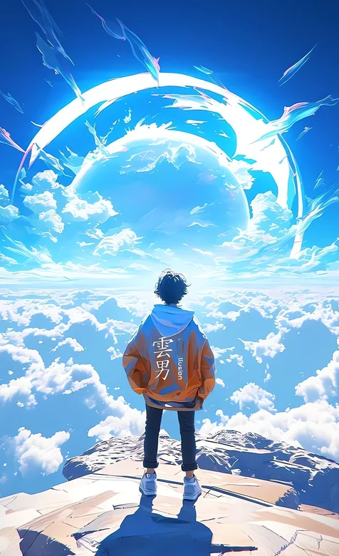 穿橙色连帽衫少年云海悬崖望蓝色天空巨大星球 动漫风 – 高清 桌面壁纸 开放版权素材 免费下载 手机电脑通用背景图-iPhone17-1