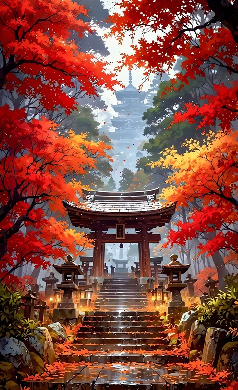 日本红叶季 鸟居石阶与古塔秋景图 – 高清 桌面壁纸 开放版权素材 免费下载 手机电脑通用背景图-iPhone17-1