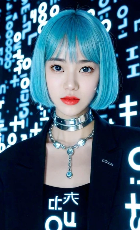 蓝发短发女性 赛博科技风数字背景人像 – 高清 桌面壁纸 开放版权素材 免费下载 手机电脑通用背景图-iPhone17-1