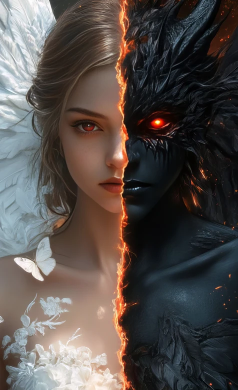 天使恶魔双面绝美女子奇幻插画 – 高清 桌面壁纸 开放版权素材 免费下载 手机电脑通用背景图