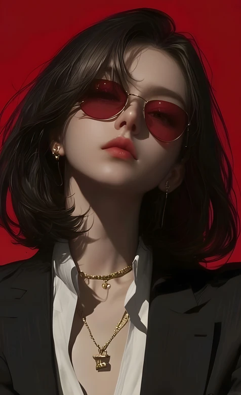 红镜红唇黑西装短发女性时尚人像 – 高清 桌面壁纸 开放版权素材 免费下载 手机电脑通用背景图