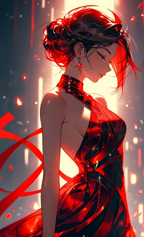 红黑礼服盘发女子 光影飘带红芒碎片 – 高清 桌面壁纸 开放版权素材 免费下载 手机电脑通用背景图