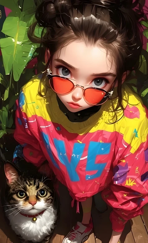 潮酷女孩与萌猫绿植旁插画 – 高清 桌面壁纸 开放版权素材 免费下载 手机电脑通用背景图