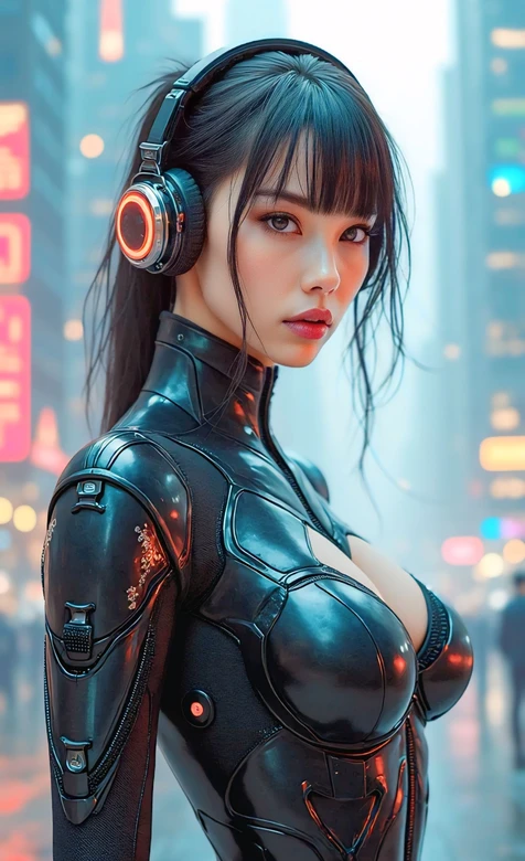 赛博朋克都市耳机少女未来科技风 – 高清 桌面壁纸 开放版权素材 免费下载 手机电脑通用背景图