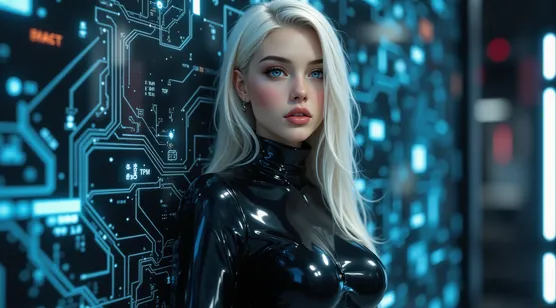 金发女性赛博朋克科技电路板背景壁纸 AI创作 – 高清 桌面壁纸 开放版权素材 免费下载 手机电脑通用背景图