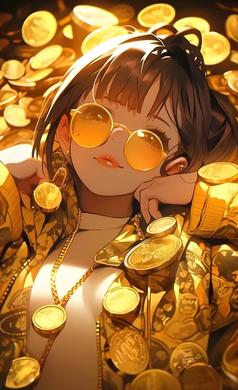 动漫金币女孩戴金色眼镜二次元插画 – 高清 桌面壁纸 开放版权素材 免费下载 手机电脑通用背景图
