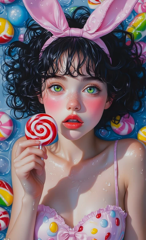 粉兔耳绿瞳少女持棒棒糖糖果浴写真 – 高清 桌面壁纸 开放版权素材 免费下载 手机电脑通用背景图
