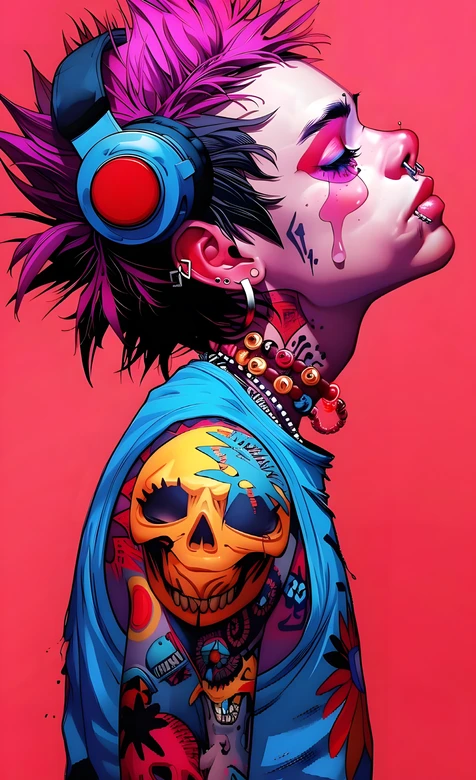 朋克少女粉背景骷髅纹身插画 – 高清 桌面壁纸 开放版权素材 免费下载 手机电脑通用背景图