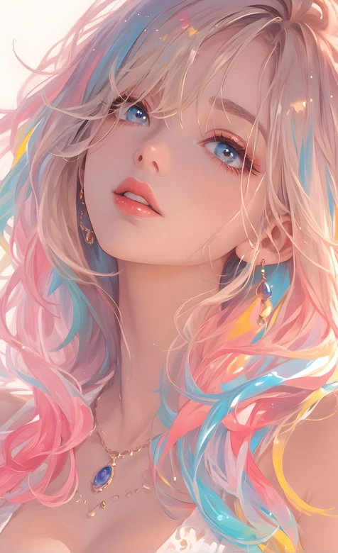 彩虹发少女 梦幻插画 柔和光影 AIGC – 高清 桌面壁纸 开放版权素材 免费下载 手机电脑通用背景图