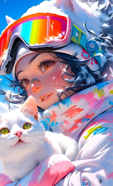 雪地抱猫女孩 彩色护目镜插画 – 高清 桌面壁纸 开放版权素材 免费下载 手机电脑通用背景图
