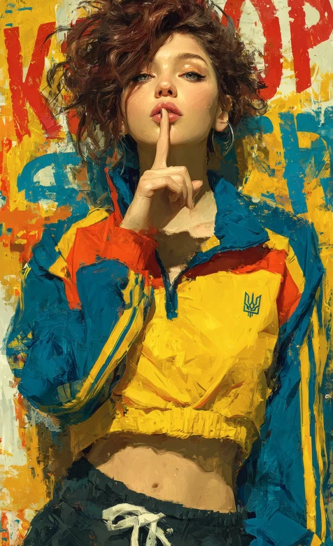 卷发女性穿蓝黄红撞色运动外套涂鸦背景插画 疑似AIGC修改 – 高清 桌面壁纸 开放版权素材 免费下载 手机电脑通用