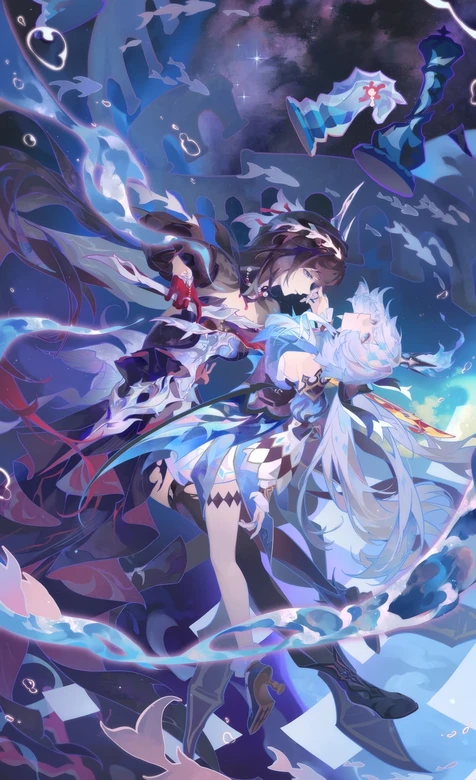 星空下相拥的双生少女 奇幻蓝调二次元插画-iPhone17-1