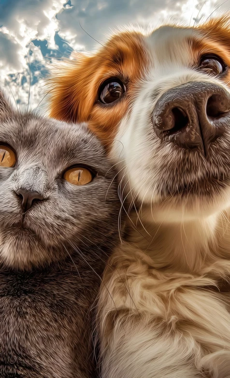 灰猫与棕白犬亲密依偎仰望天空 – 高清 桌面壁纸 开放版权素材 免费下载 手机电脑通用背景图-iPhone17-1