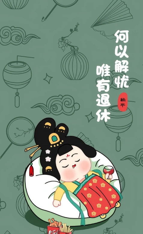 唐代胖美人国潮卡通躺平插画 – 高清 桌面壁纸 开放版权素材 免费下载 手机电脑通用背景图-iPhone17-1
