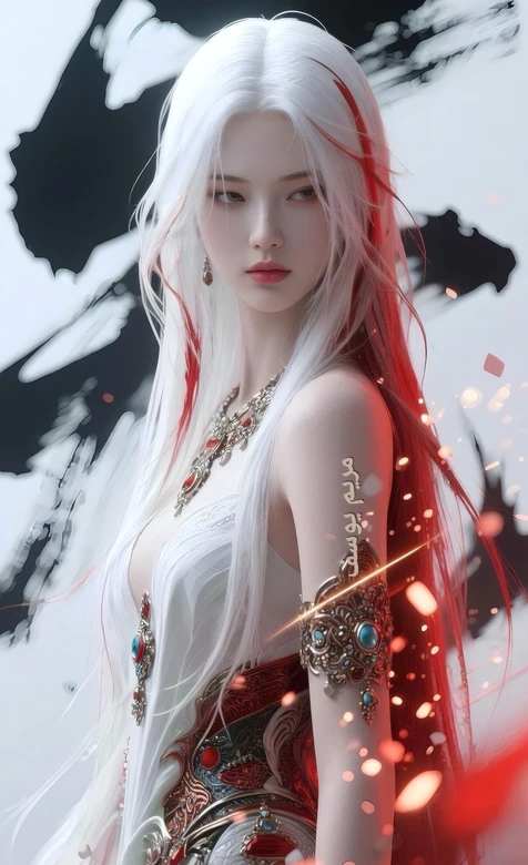 白发红挑染古风华丽服饰少女 疑似AIGC创作 – 高清 桌面壁纸 开放版权素材 免费下载 手机电脑通用背景图-iPhone17-1