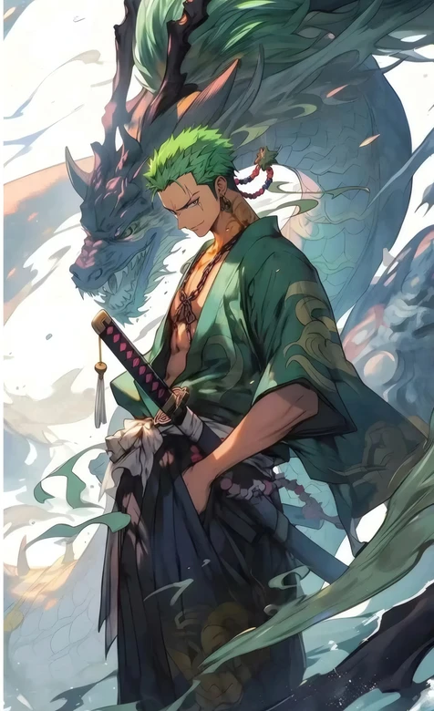 海贼王 罗罗诺亚·索隆 和风龙纹插画 – 高清 桌面壁纸 开放版权素材 免费下载 手机电脑通用背景图