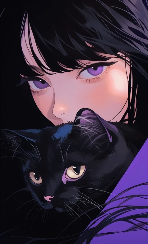 黑发紫瞳少女怀抱黑猫唯美插画 – 高清 桌面壁纸 开放版权素材 免费下载 手机电脑通用背景图