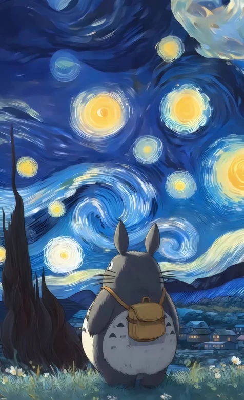 龙猫 梵高星空风 宫崎骏动画治愈背景 – 高清 桌面壁纸 开放版权素材 免费下载 手机电脑通用背景图