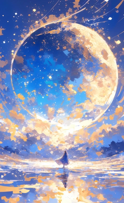 月夜独行者伴满月倒影 梦幻蓝黄系意境壁纸 – 高清 桌面壁纸 开放版权素材 免费下载 手机电脑通用背景图