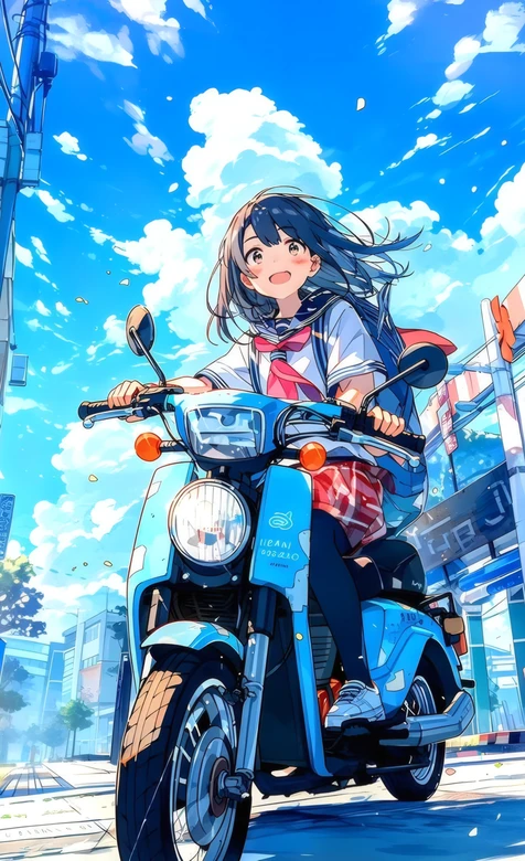 二次元JK少女骑蓝摩托城市街道蓝天壁纸 – 高清 桌面壁纸 开放版权素材 免费下载 手机电脑通用背景图