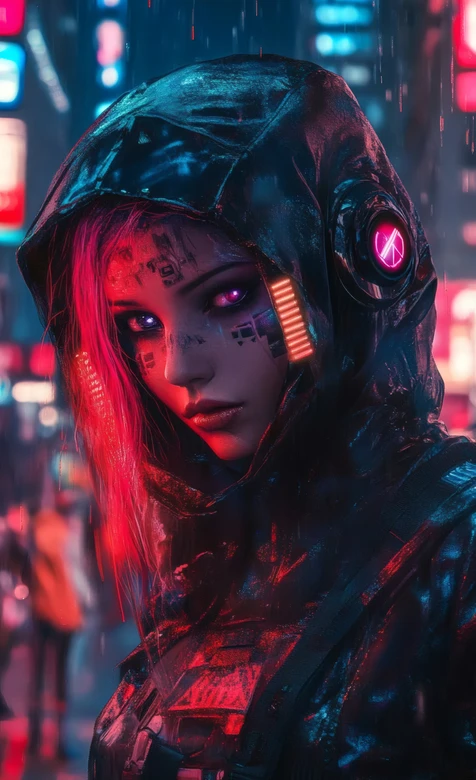 赛博朋克少女雨夜都市霓虹壁纸 赛博朋克风 – 高清 桌面壁纸 开放版权素材 免费下载 手机电脑通用背景图