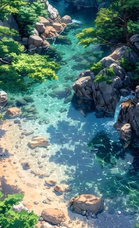 动漫风山间溪流绿树岩石治愈风景壁纸 自然场景 – 高清 桌面壁纸 开放版权素材 免费下载 手机电脑通用背景图-iPhone17-1
