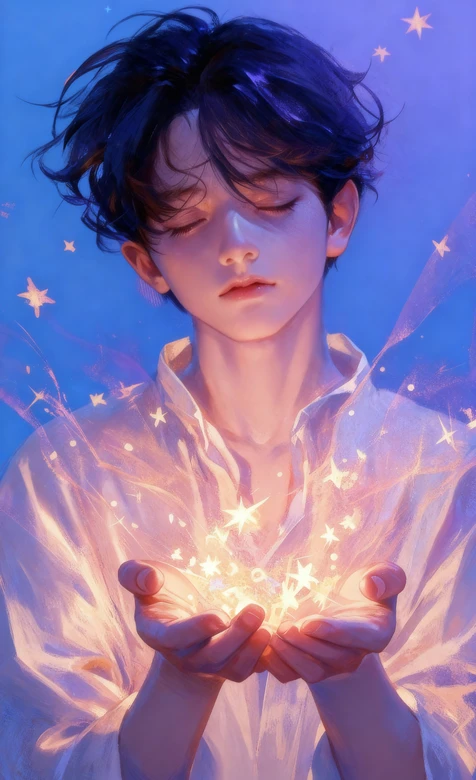 梦幻星光少年捧星AI绘画治愈系唯美壁纸 – 高清 桌面壁纸 开放版权素材 免费下载 手机电脑通用背景图