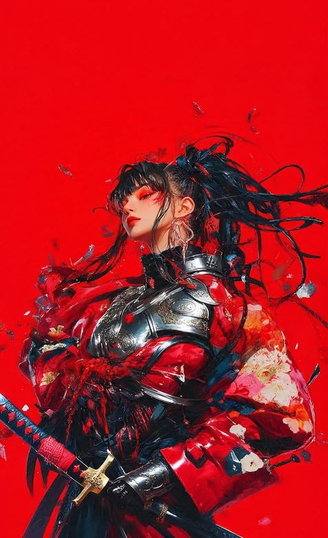 古风红甲女武士持武士刀 国风热血壁纸 – 高清 桌面壁纸 开放版权素材 免费下载 手机电脑通用背景图