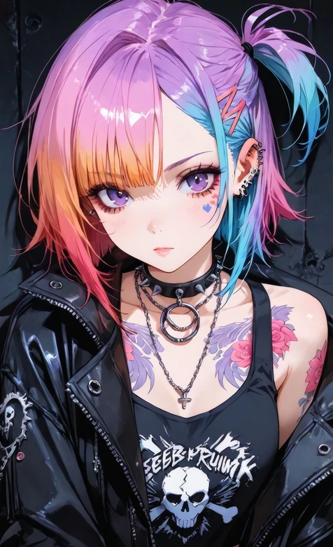 AI朋克彩虹发色少女 纹身皮衣潮流壁纸 – 高清 桌面壁纸 开放版权素材 免费下载 手机电脑通用背景图