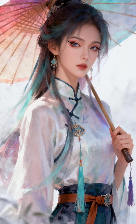 古风蓝发女子汉服油纸伞唯美国风壁纸 – 高清 桌面壁纸 开放版权素材 免费下载 手机电脑通用背景图