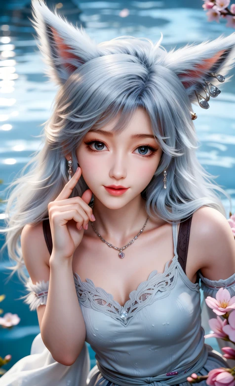 凡人修仙传》里的银月银发狐耳少女 水边粉樱 蕾丝裙 梦幻壁纸 – 高清 桌面壁纸 开放版权素材 免费下载 手机电脑通-iPhone17-1