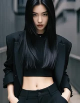 黑衣冷艳女子倚复古石楼栏杆 暗黑时尚写真，美女西装暴徒霸气套图