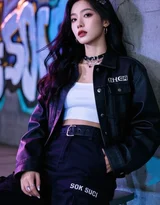 黑衣冷艳女子倚复古石楼栏杆 暗黑时尚写真，美女西装暴徒霸气套图