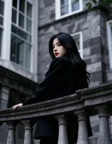 黑衣冷艳女子倚复古石楼栏杆 暗黑时尚写真，美女西装暴徒霸气套图