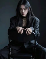 黑衣冷艳女子倚复古石楼栏杆 暗黑时尚写真，美女西装暴徒霸气套图