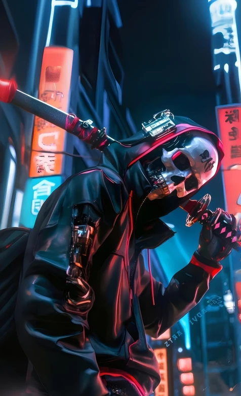 赛博朋克骷髅机械人霓虹街头武士刀壁纸 – 高清 桌面壁纸 开放版权素材 免费下载 手机电脑通用背景图